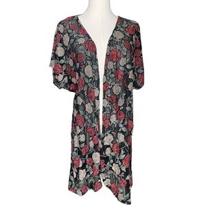 Vintage 90s Short Sleeve Cardigan Layering Piece Black Floral Whimsigoth Grunge